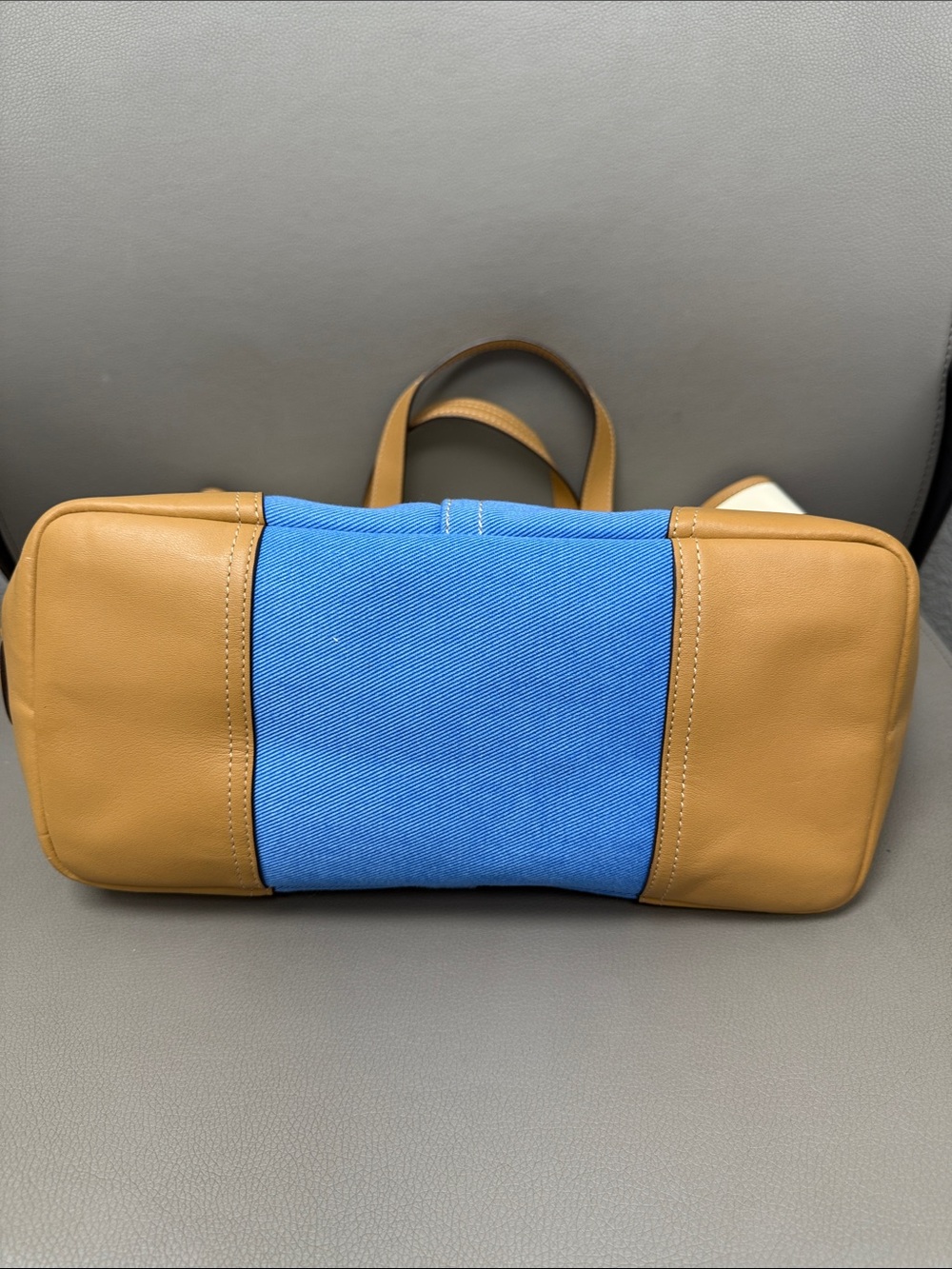 Coach Hadley Blue & Cream Striped Canvas Tote/Duffle with Tan Leather Trim - Picture 11 of 11